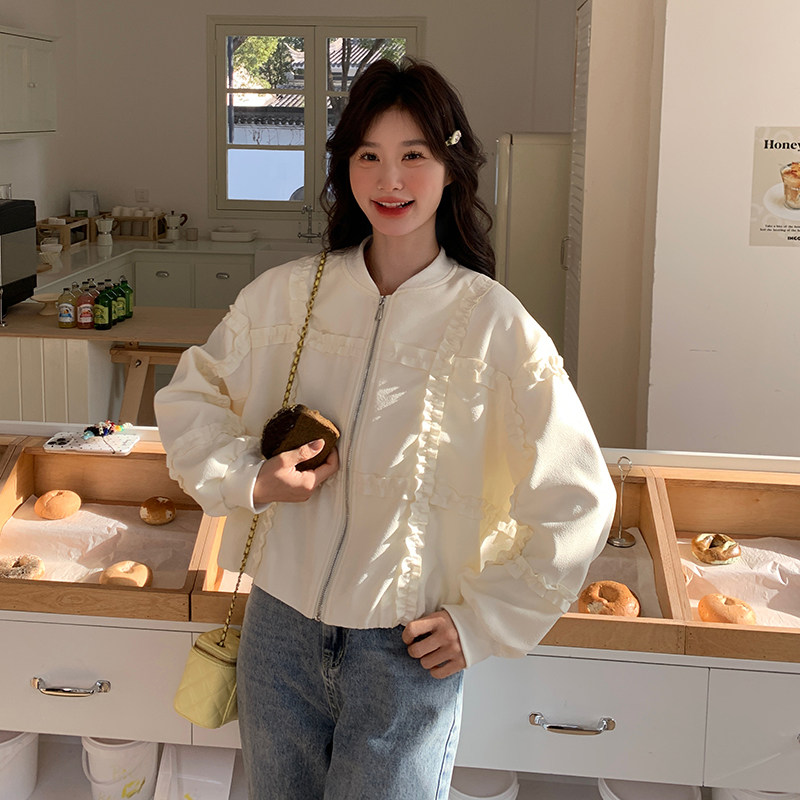 米白色木耳边棒球服外套女春秋2025年新款韩系小个子减龄休闲上衣,女装短外套,2C113