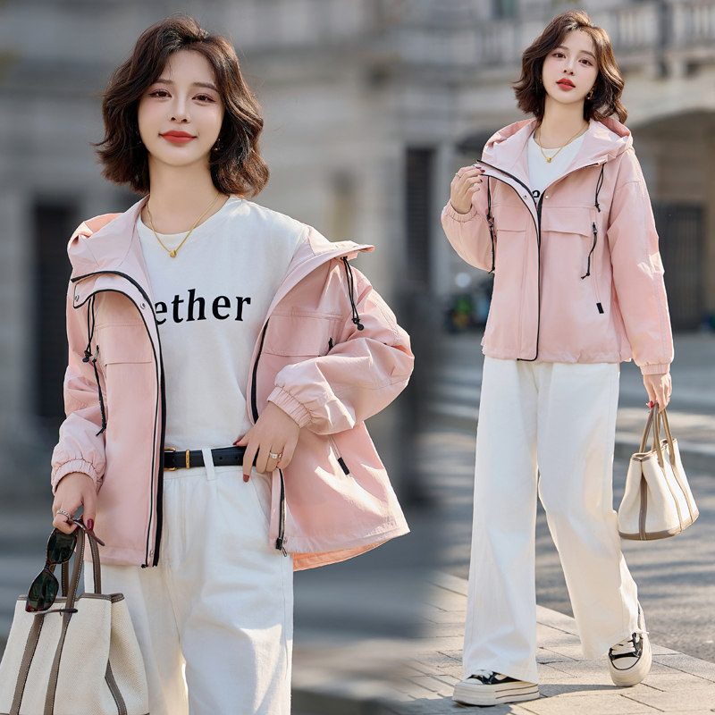 粉色洋气减龄工装短外套女2025春秋新款百搭休闲宽松连帽夹克上衣,女装短外套,唯婧