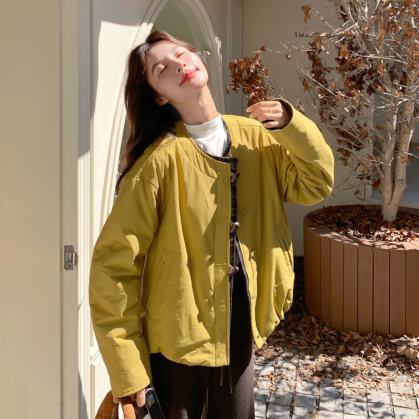 韩系黄色格纹拼接羽绒棉服外套女秋冬2025新款时髦棉袄超漂亮棉衣,女装棉衣/棉服,2B142
