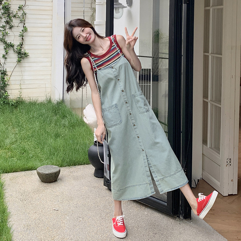 彩色条纹背心T恤牛仔背带裙女夏季宽松休闲无袖连衣裙两件套,女装连衣裙,2C166