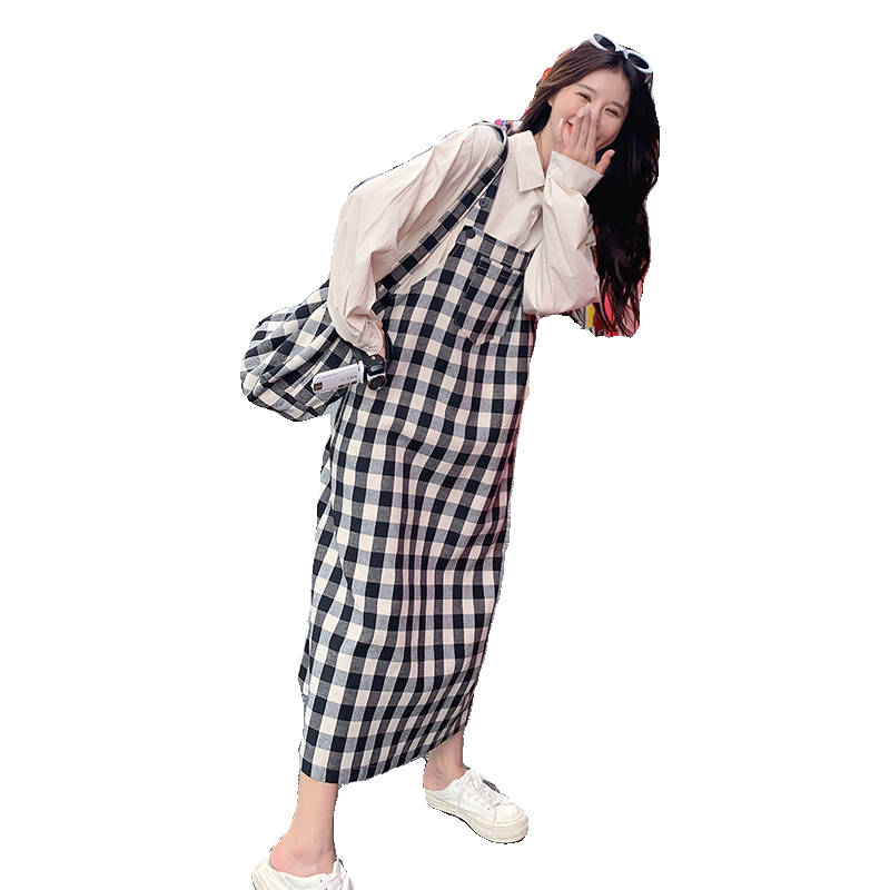 小众设计感黑白格纹背带裙女夏季新款学院风减龄休闲吊带连衣裙子,女装孕妇装,2C177