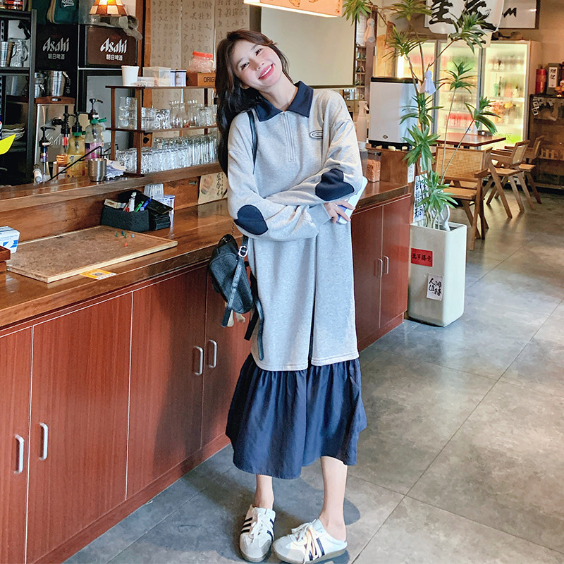 【现货】2026秋装撞色拼接灰色连衣裙2C056-6807-P120控178,女装连衣裙,2C056