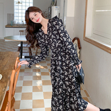 茶歇法式黑色碎花连衣裙女春2025超火独特漂亮高级感收腰绝美长裙，女装连衣裙，2C032