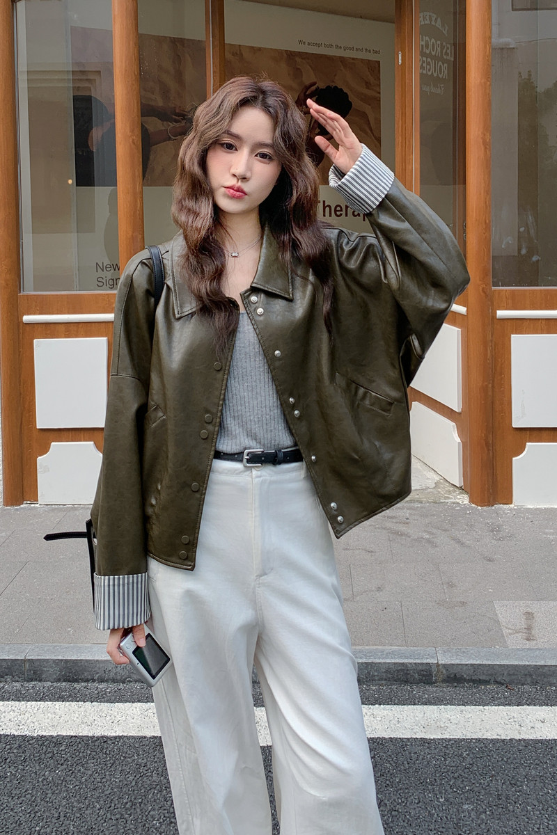 条纹拼接橄榄绿皮衣短外套女春秋2025新款小个子PU夹克爆款高级感,女装短外套,2C177