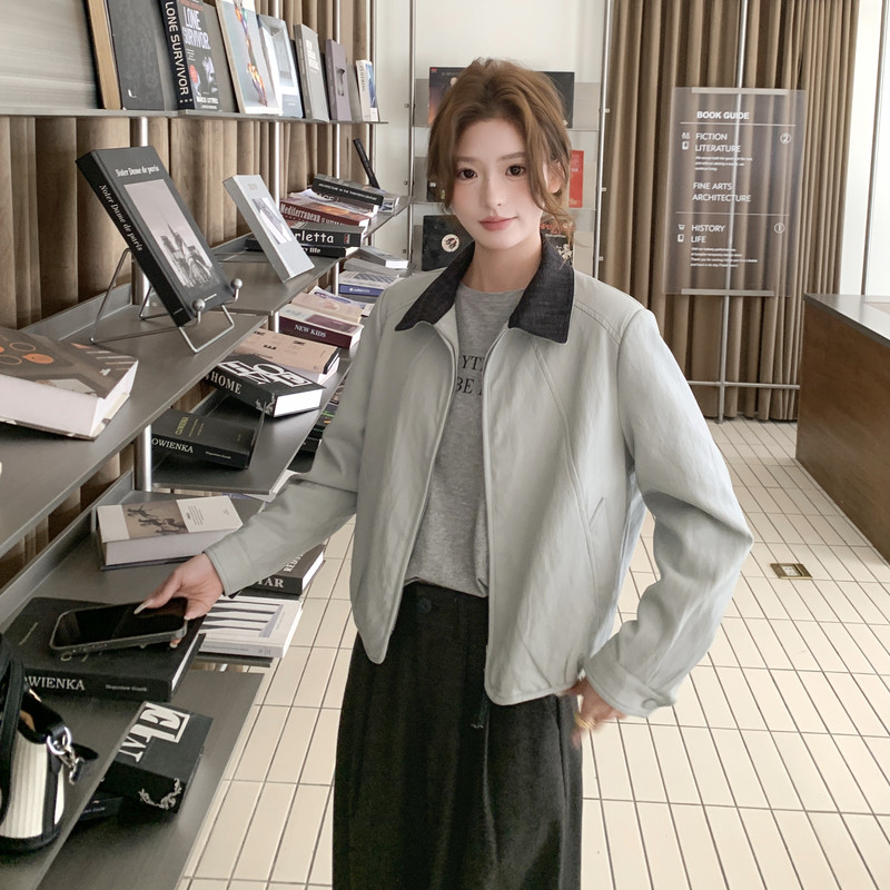 【新款。现货】26新款春拼接短款长袖皮衣外套2C215-P135-K218,女装皮衣,2C215