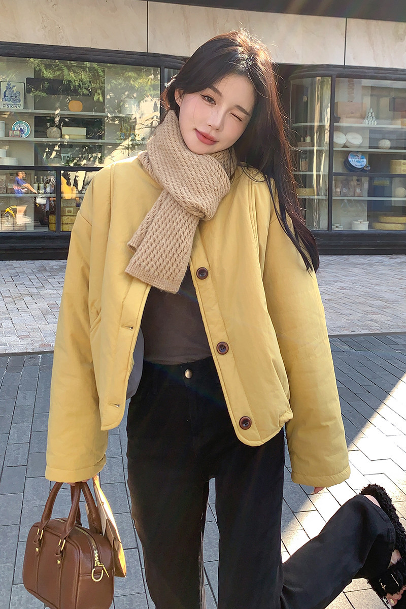 纯色圆领短款单排扣棉服外套2C215-P145-K205,女装棉衣/棉服,2C215
