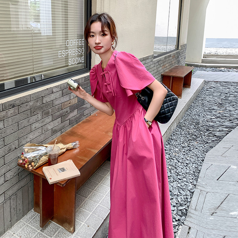 现货玫粉色新中式长款连衣裙2593-P120-K178,女装连衣裙,2C159