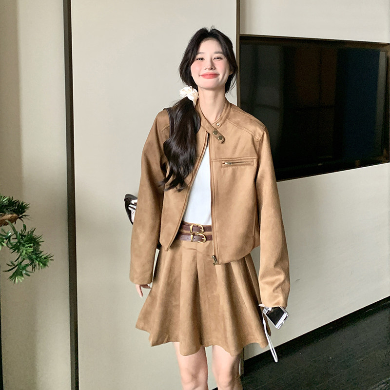 麂皮绒高级感时尚套装女秋季新款美拉德穿搭复古做旧百褶裙两件套,女装套装/套裙,2C075