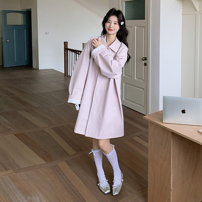 巨好看韩系中长款粉色风衣外套女秋2025新款高级感单排扣工装大衣,女装短外套,2C131