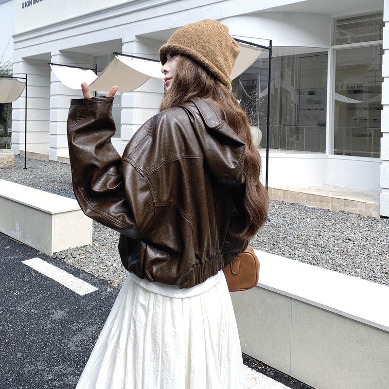 设计感显瘦连帽PU皮衣外套女2025春秋季新款韩版宽松休闲夹克上衣,女装皮衣,2C082