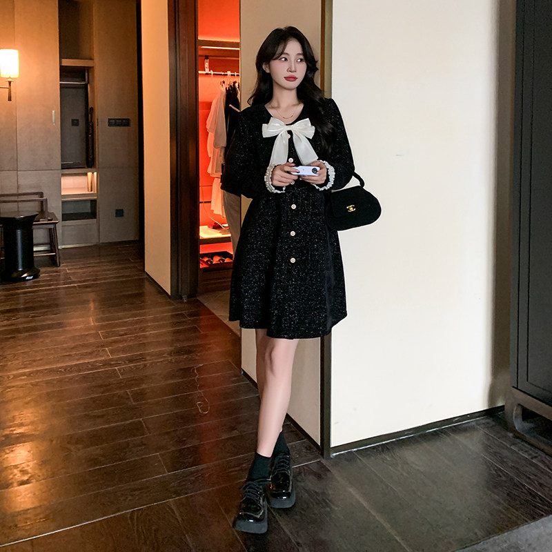 法式小香风连衣裙女2025春季新款高级感气质收腰显瘦蝴蝶结小黑裙,女装连衣裙,2C029