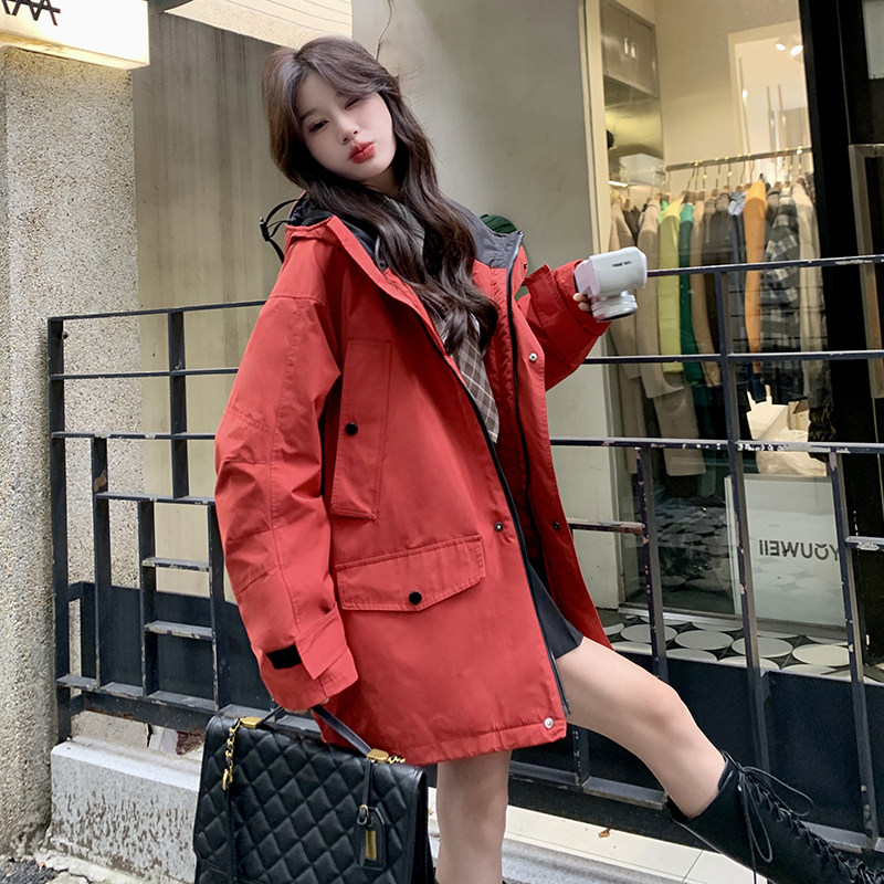 红色工装连帽加厚派克服女2025冬季新款洋气显白小个子加厚冲锋衣,女装派克服,2C098