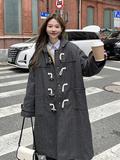 灰色学院风连帽呢子大衣女冬2024新款韩系慵懒宽松中长款毛呢外套，女装毛呢外套，2C370