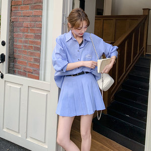 蓝色学院风衬衫套装裙女2025夏季新款韩版小个子背心百褶裙三件套图片