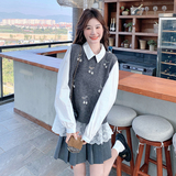 今年流行蕾丝拼接衬衫针织马甲套装女2025春新款学院风叠穿两件套，女装套装/套裙，2C056