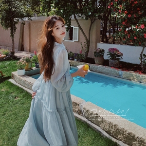 绝美蓝色连衣裙女2025早秋新款高级感仙女风系带长袖茶歇法式裙子图片