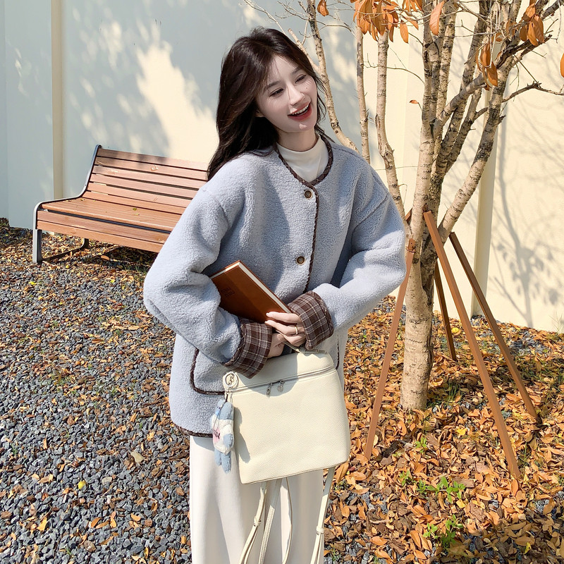 浅蓝色皮毛一体羊羔毛外套女秋冬2025新款小个子巨好看高级感棉服,女装短外套,2C131
