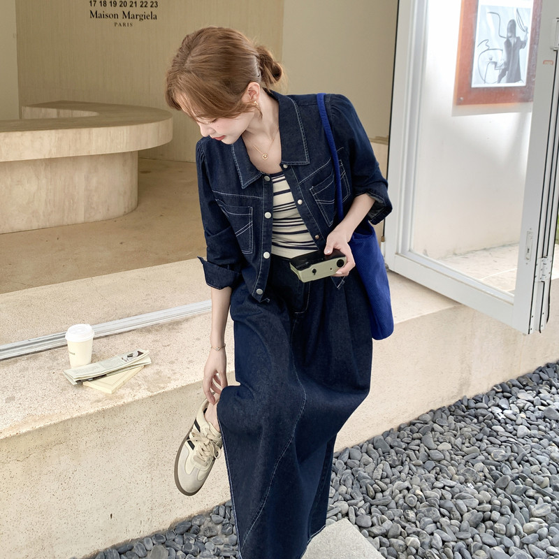 深蓝色牛仔套装女2025秋季新款休闲气质外套条纹背心半身裙三件套,女装套装/套裙,2C159