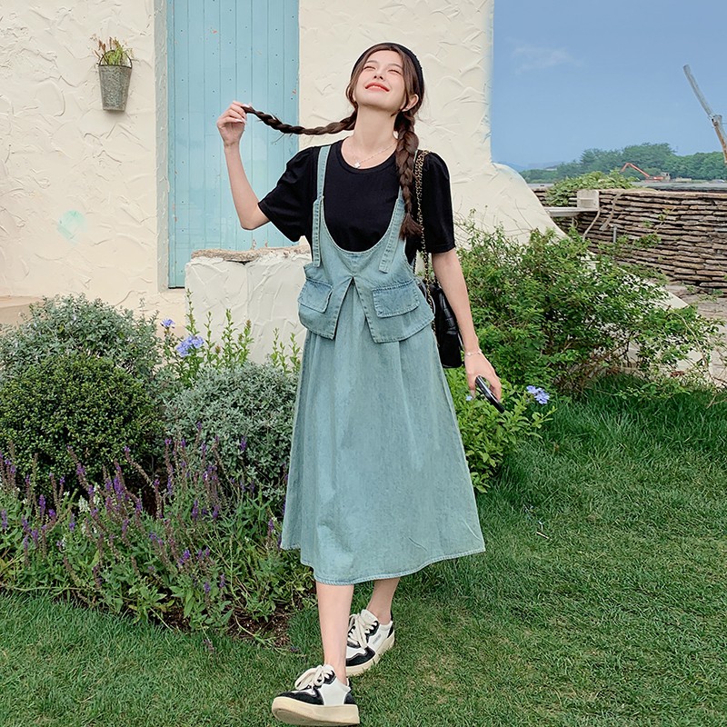 法式假两件拼接牛仔连衣裙女2025夏季新款韩版收腰显瘦气质长裙子,女装连衣裙,2C075