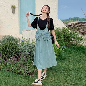 法式假两件拼接牛仔连衣裙女2025夏季新款韩版收腰显瘦气质长裙子图片