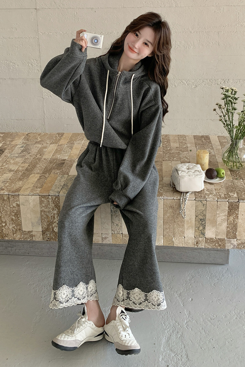 慵懒风休闲运动灰色连帽卫衣套装女春秋2025超火蕾丝阔腿裤两件套,女装套装/套裙,2C159