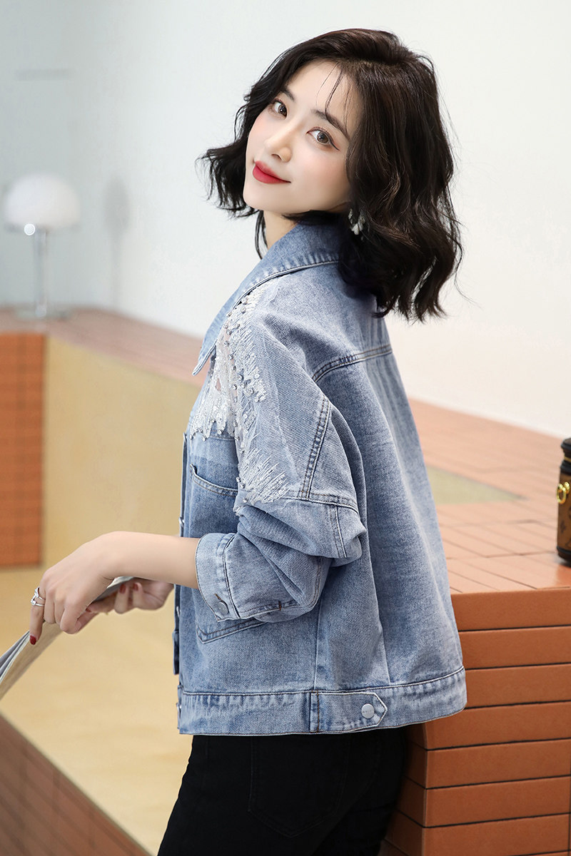 高街2025年春季拼接做旧超短时尚牛仔外套女显瘦街头长袖短款上衣，女装牛仔外套，自然秀,女装短外套,自然秀