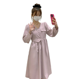 法式减龄V领粉色连衣裙女2024春秋新款小个子宽松显瘦A字中长款裙，女装连衣裙，2C057