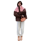 撞色连帽短款工装派克服女冬季2024新款小个子宽松加绒冲锋衣棉服，女装短外套，2C196