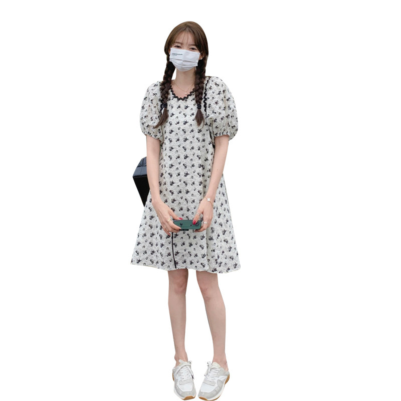 韩系少女风碎花连衣裙女2025夏季新款泡泡袖高腰显瘦小个子a字裙,女装连衣裙,2C196