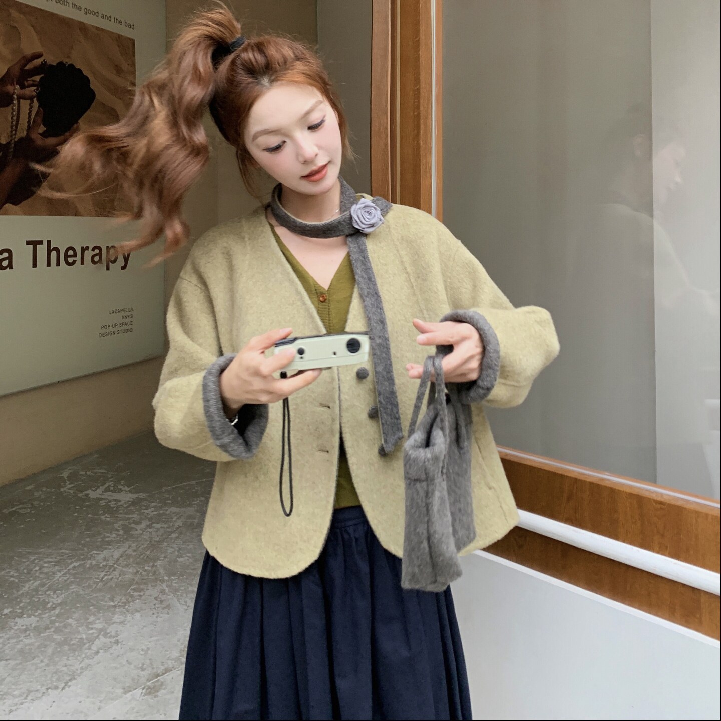 浅绿色双面呢羊毛短款外套女秋冬2025新款设计气质超好看爆款大衣,女装毛呢外套,2B237