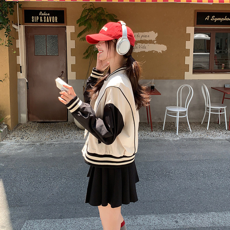 短款棒球服外套女春秋2025新款高级感设计小众宽松撞色夹克上衣潮,女装短外套,2C057