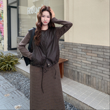 韩系休闲条纹连衣裙套装女2025秋季新款PU皮衣马甲洋气减龄两件套，女装套装/套裙，2D044