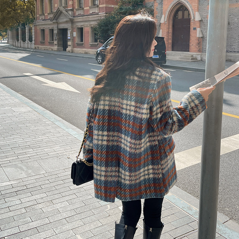 港风复古时尚格纹西装毛呢外套女2025秋冬季新款显瘦加厚呢子大衣,女装毛呢外套,2C203