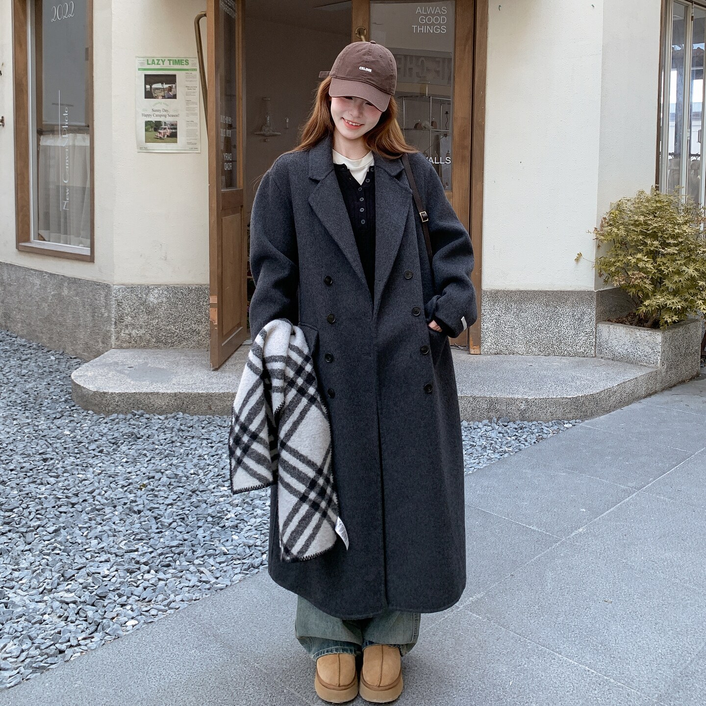 深灰色翻领双面羊绒大衣女2025冬季新款韩版高级感双排扣毛呢外套,女装毛呢外套,2D145