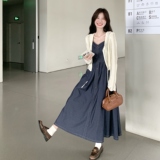 轻熟风韩版收腰显瘦早秋长袖针织开衫吊带牛仔连衣裙气质两件套装，女装连衣裙，2C166