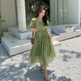 【25夏季现货】抽绳绿色连衣裙2C032693P105K158，女装连衣裙，2C032