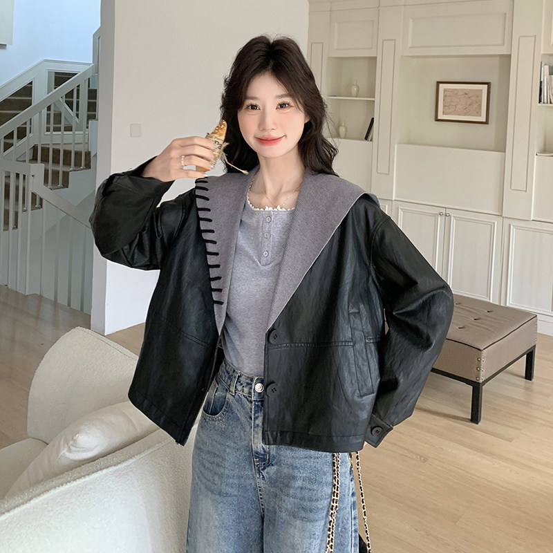 黑色设计感海军领超好看皮衣夹克女秋新款小个子休闲显瘦短款外套,女装皮衣,2C177