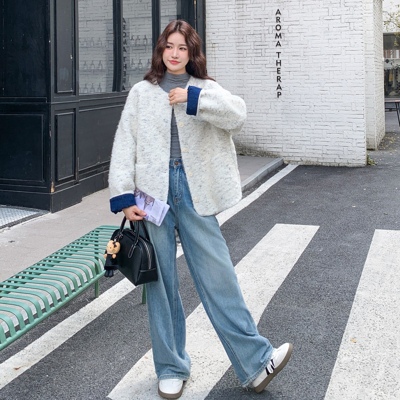 撞色拼接小香风羊羔毛外套女冬季2025新款爆款灯芯绒拼接毛呢大衣,女装短外套,2D013
