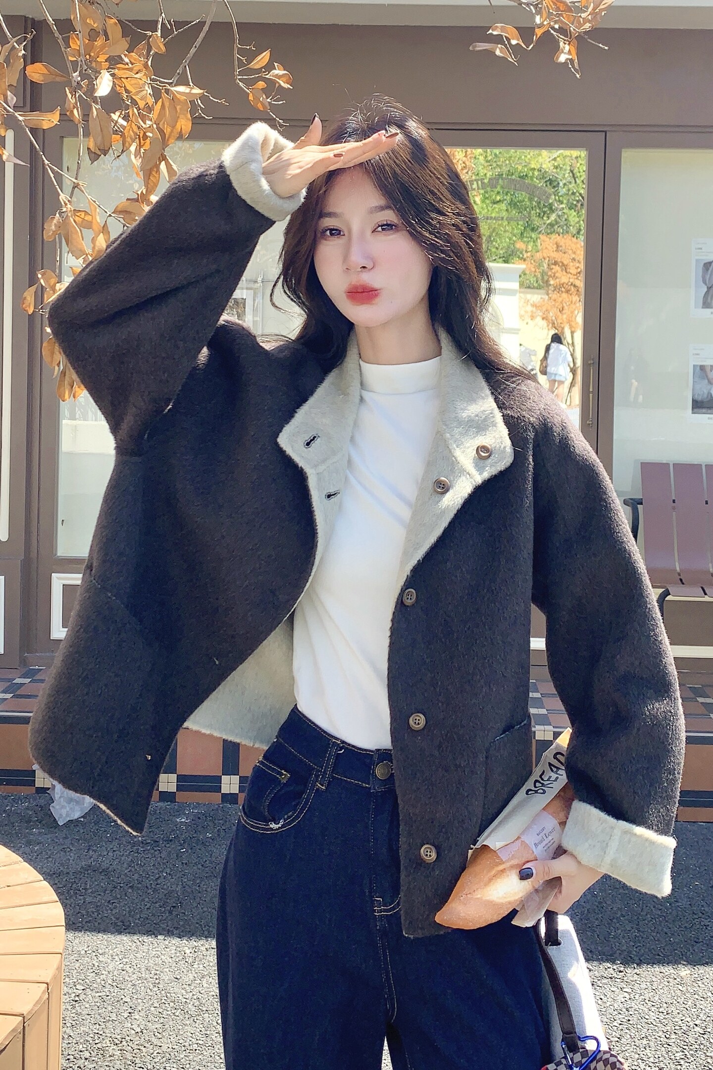 【，现货】双面穿羊毛短款外套长袖单排扣新2C215-P350-K420,女装羊绒大衣,2C215