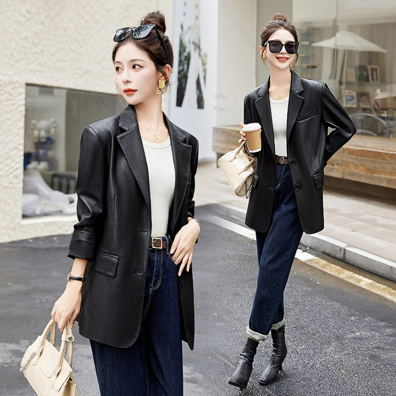 2025秋季新款大码黑色西装皮衣外套女炸街宽松休闲PU皮西服潮，女装皮衣，自然秀,女装皮衣,自然秀