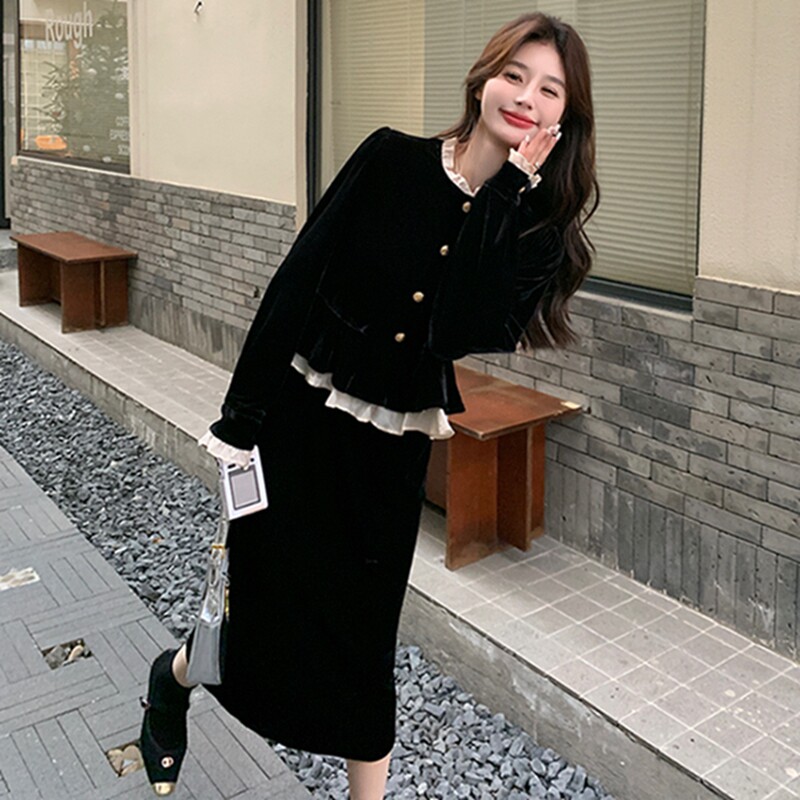 2026春装新品主推金品丝绒拼接假两件连衣裙2785P135K198,女装连衣裙,2C103