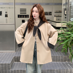 卡其色格子拼接风衣外套女2025秋季新款韩版今年流行气质时尚大衣图片