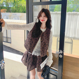 咖色复古印花小香风马甲套装裙女2025秋法式小个子减龄短裙三件套，女装套装/套裙，2C052