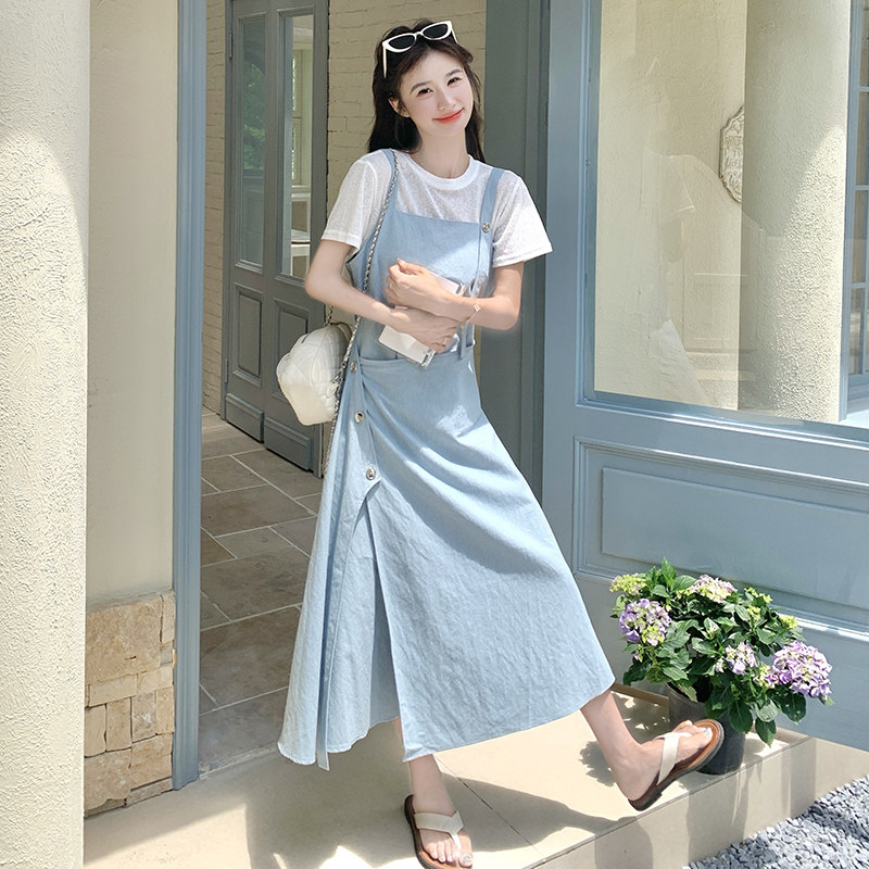 蓝色韩版不规则背带裙套装女2025年夏季新款超好看短袖长裙两件套图片
