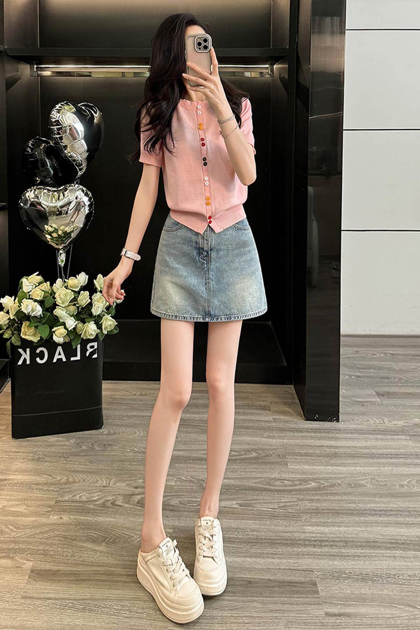 韩系温柔风时尚运动休闲套装女夏圆领彩色纽扣上衣牛仔短裙两件套,女装套装/套裙,2C310