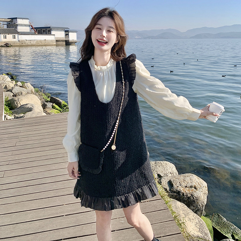 粗花呢木耳边法式气质女2025宽松春秋现货两件套感背心裙长袖,女装套装/套裙,2C166