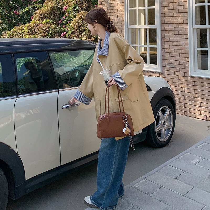 设计感卡其色细格拼接风衣外套女2025春季新款韩版宽松中长款大衣,女装风衣,2C159