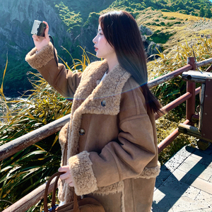 温柔风两面穿羊羔毛外套女2025秋冬中长款皮毛一体宽松廓形厚外套图片
