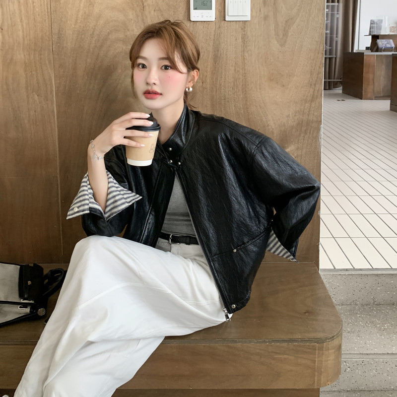 减龄条纹拼接短皮衣外套女春秋2025新款小个子流行爆款独特超好看,女装皮衣,2D013