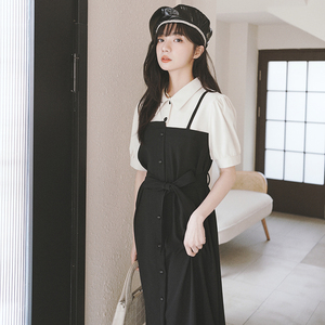 假两件学院风拼接衬衫连衣裙女春夏2025年新款夏装设计感吊带长裙图片
